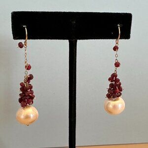 OOAK beaded dangle earring handmade artisan Red pearl Gold